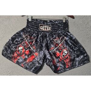 Muay Thai Shorts Samurai Skull Size Large O2TEE Boxing MMA Black Red Y2k Graphic